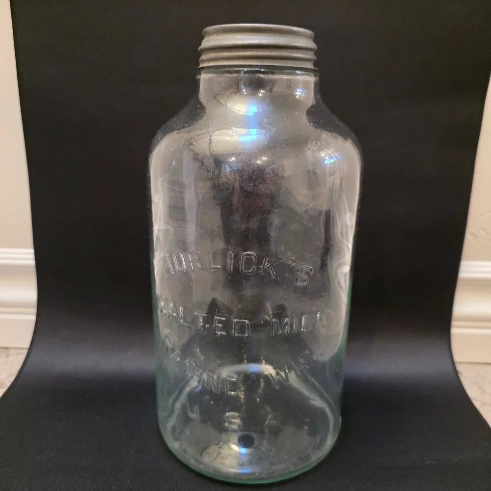 Vintage Horlick's Malted Milk, Racine USA Glass Jar 12in high with lid